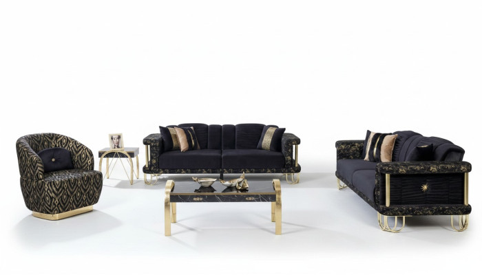  Schwarze Couchgarnitur 2x Dreisitzer Polster Sessel Moderne Sitz Möbel