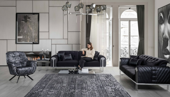  Schwarze Wohnzimmer Sofagarnitur 2x Dreisitzer Designer Polster Sessel