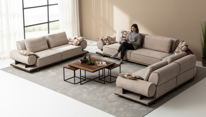 Stoffsofa Couch Wohnlandschaft Eck Design Modern Sofa Ecksofa L-Form Beige Neu