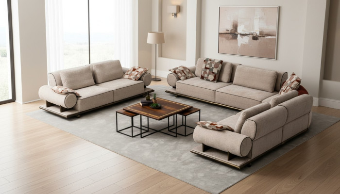 Stoffsofa Couch Wohnlandschaft Eck Design Modern Sofa Ecksofa L-Form Beige Neu