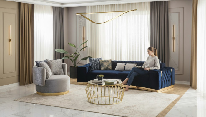 Sofagarnitur Komplette Polstersofa Blau Dreisitzer Modern Sessel neu