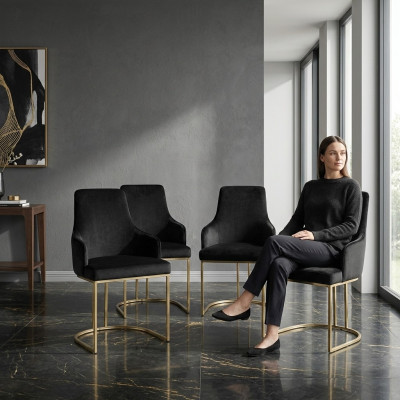 Designer Schwarze 4x Metallstühle Luxuriöse Edelstahl Polster Möbel