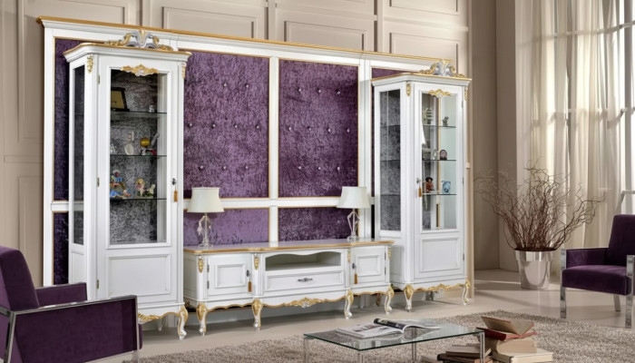 Wohnwand TV Ständer RTV 2x Vitrine Holz Klassische Weiß Wohnzimmer Neu