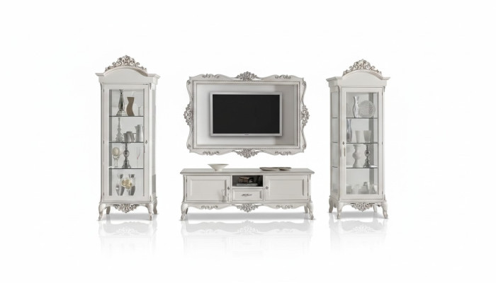 Wohnwand Lowboard 2x Vitrine TV-Rahmen Set 4tlg. Klassische Stil Weiß