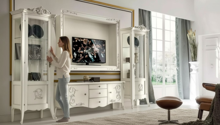 Klassische Stil Weiß Wohnwand Lowboard 2x Vitrine TV-Rahmen Gruppe Neu