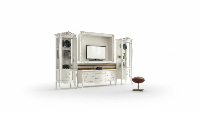 Klassische Stil Weiß Wohnwand Lowboard 2x Vitrine TV-Rahmen Gruppe Neu