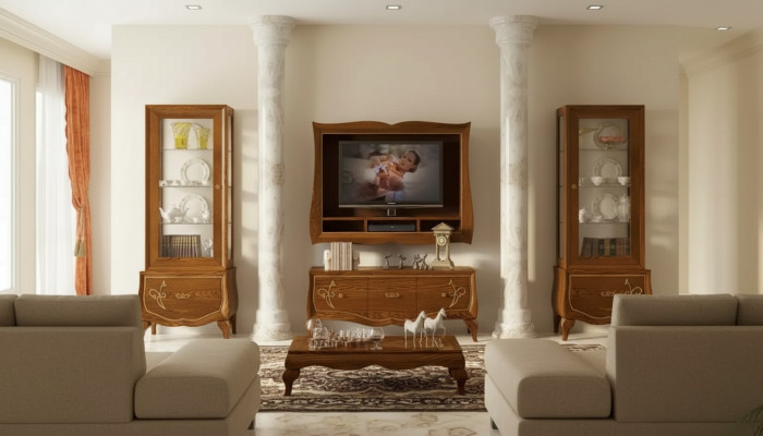 Wohnwand RTV Lowboard TV-Rahmen 2x Vitrine Braun Wohnzimmer Set 4tlg