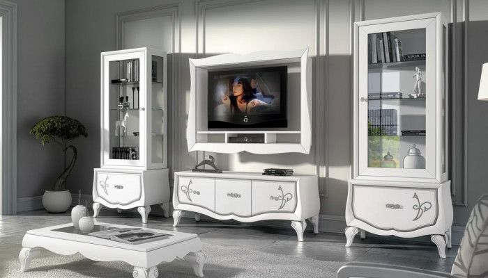 Design Wohnzimmer Set Vitrine 2x TV-Rahmen Wandregal Wohnwand 4tlg.