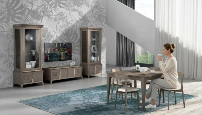 Wohnwand Klassische TV-Ständer Wohnzimmer Vitrine Sideboard Grau 3tlg.
