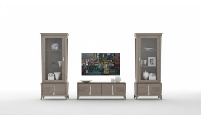Wohnwand Klassische TV-Ständer Wohnzimmer Vitrine Sideboard Grau 3tlg.