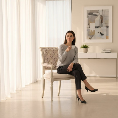 Esszimmer Holz Stühle Polster mit Armlehne Beige Stuhl Design Lehnstuhl