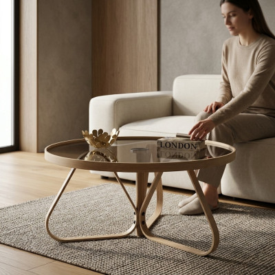 Designer Couchtisch Luxus Glastisch Kaffee Rund Wohnzimmer Holz Tisch