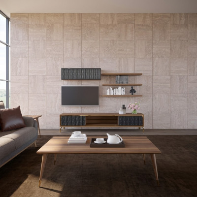 Komplett Wohnwand Wandschrank Holzmöbel Modern Set 5tlg 3x Wandregale Neu