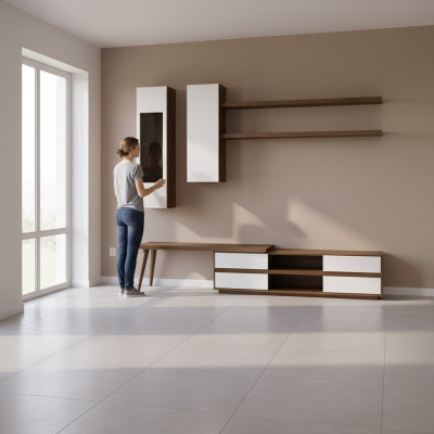 Wohnwand Set 5tlg Holzmöbel TV-Ständer + Couchtisch Modern 2x Wandregale