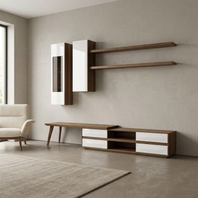 Wohnwand Set 5tlg Holzmöbel TV-Ständer + Couchtisch Modern 2x Wandregale