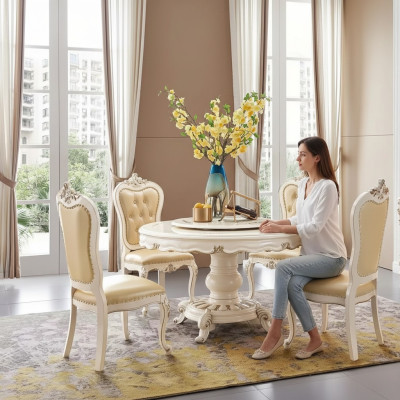 Klassischer Hellbeiger Esszimmer Set Luxus Runder Esstisch und x4 Chesterfield Stühle 5tlg. Garnitur
