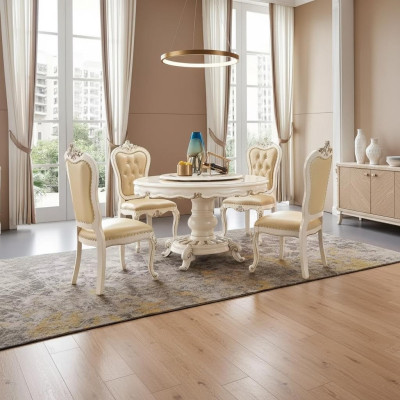 Klassischer Hellbeiger Esszimmer Set Luxus Runder Esstisch und x4 Chesterfield Stühle 5tlg. Garnitur