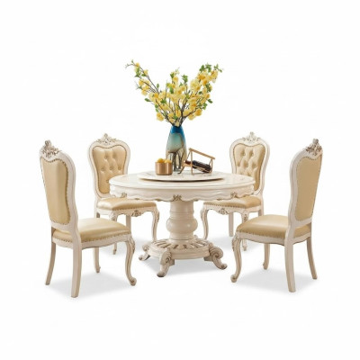 Klassischer Hellbeiger Esszimmer Set Luxus Runder Esstisch und x4 Chesterfield Stühle 5tlg. Garnitur