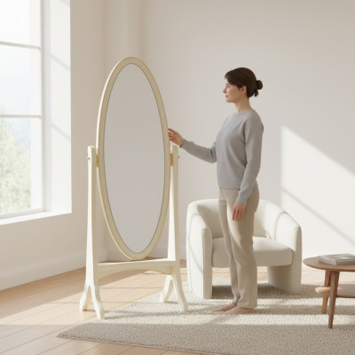 Wohnzimmer Bodenspiegel Spieglein Holzrahmen Oval weiß Standspiegel Spiegel