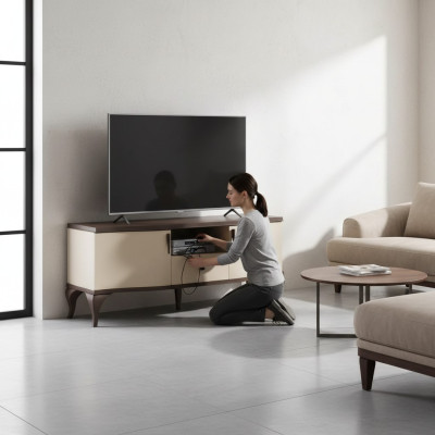 TV-Ständer Wohnzimmer beige Möbel Holz Sideboard Stil modern