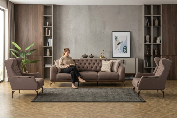 Beige Chesterfield Wohnzimmer Sofagarnitur 3+1 Sitzer Luxus Couch Neu