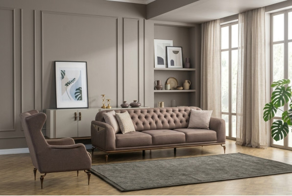 Beige Chesterfield Wohnzimmer Sofagarnitur 3+1 Sitzer Luxus Couch Neu