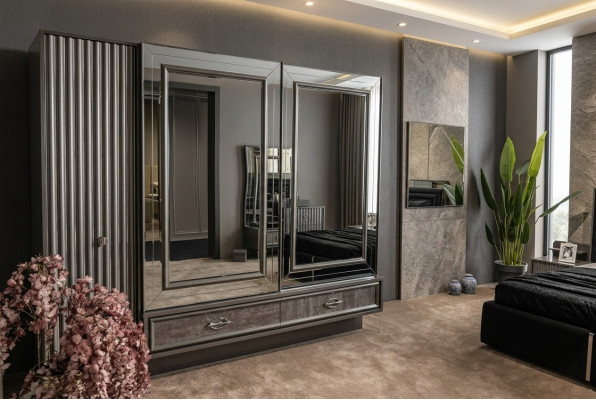 Designer Holz Kleiderschrank mit Spiegeltüren und Schubladen Schlafzimmer
