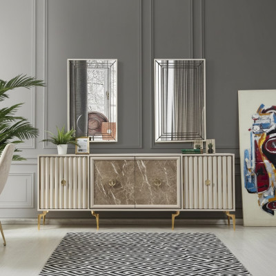 Modernes Sideboard mit 2x Spiegeln Designer Luxus Wohnzimmer Möbel Holz
