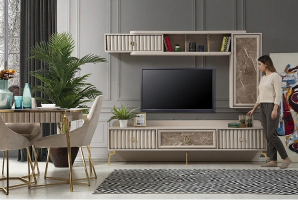Designer Moderne Wohnwand Luxus Holz Regale Wohnzimmer Möbel Stilvoll