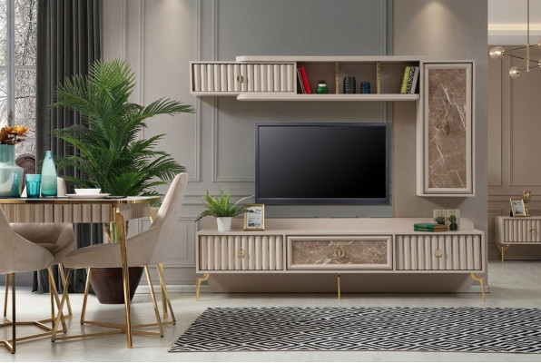 Designer Moderne Wohnwand Luxus Holz Regale Wohnzimmer Möbel Stilvoll