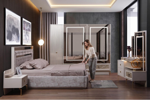 Modernes Komplettes Schlafzimmer Set Designer Bett 2x Nachttische 5tlg