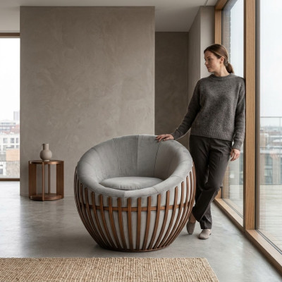 Designer Grauer Sessel Wohnzimmermöbel Polster Sitz Textil Sessel Lounge Club