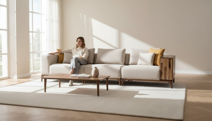 Luxus Wohnzimmer Sofa Modernen Design Holz mit Textilien Dreisitzer