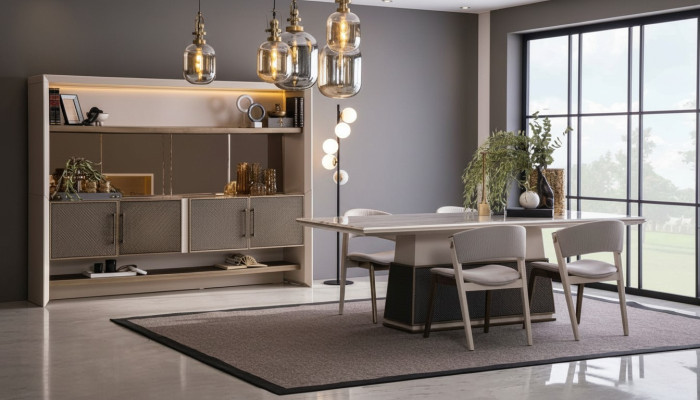 Luxus 6 Stück Esszimmer Set Esstisch 4x Stühle Anrichte 6 Stück modernes Designer Set