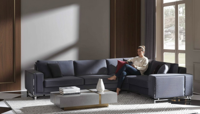Luxus Ecksofa L-Form Graue Eckgarnitur Textilsofa Couchen Design Sofa