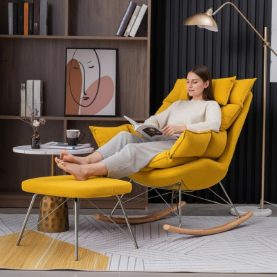 Sessel mit Hocker Design Luxus Textil Sitz Garnitur Wohnzimmer Gelb