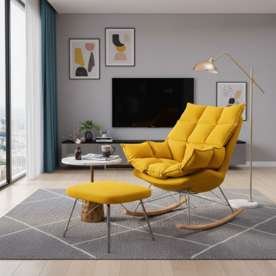 Sessel mit Hocker Design Luxus Textil Sitz Garnitur Wohnzimmer Gelb
