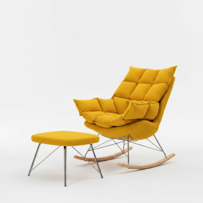 Sessel mit Hocker Design Luxus Textil Sitz Garnitur Wohnzimmer Gelb