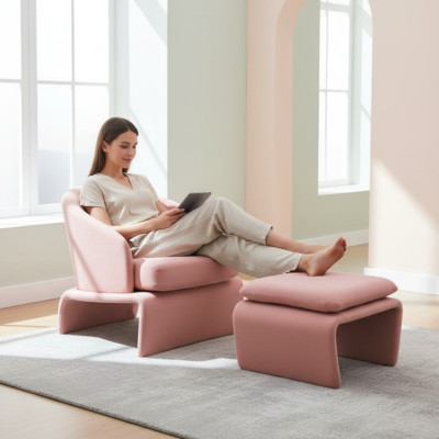 Set Sessel und Hocker Club Lounge rosa Stoff im modernen Stil Wohnzimmer