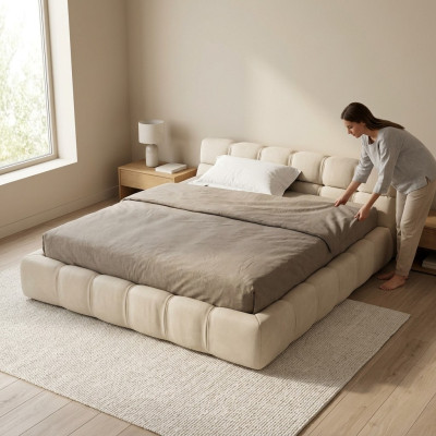 Weiß beige Bett Schlafzimmer Betten Doppelbetten Schlafbetten Textil
