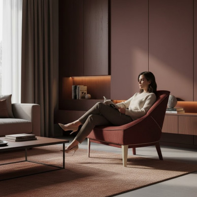 Roter Designer Sessel Holzfüße Stoffsessel Einsitzer Wohnzimmer Möbel