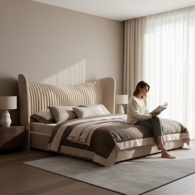 Beiges Doppelbett Designer Holz Betten Bettgestelle Schlafzimmer Möbel Bett
