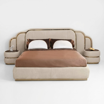 Beige Schlafzimmer Möbel Bett 2x Nachttische Holz Garnitur Luxus Set 3tlg
