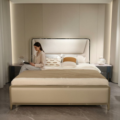 Schlafzimmer Bett Betten Designer Doppelbett Naturholz Bett Bettgestell Beige