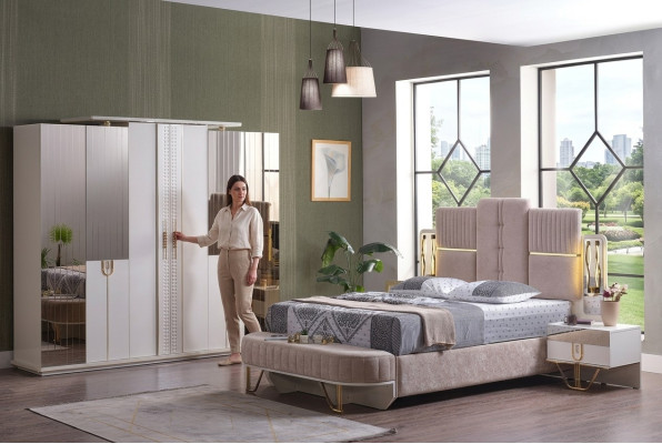 Luxus Schlafzimmer Set 5 tlg. Bett 2x Nachttische Kleiderschrank Bank Moderne
