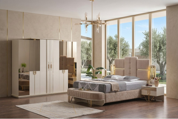 Luxus Schlafzimmer Set 5 tlg. Bett 2x Nachttische Kleiderschrank Bank Moderne