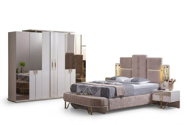 Luxus Schlafzimmer Set 5 tlg. Bett 2x Nachttische Kleiderschrank Bank Moderne