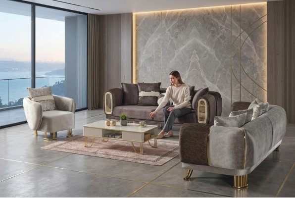Sofagarnitur 3+3+1 Sitzer Wohnzimmer Set Komplett Textil Sofa Sessel Holz