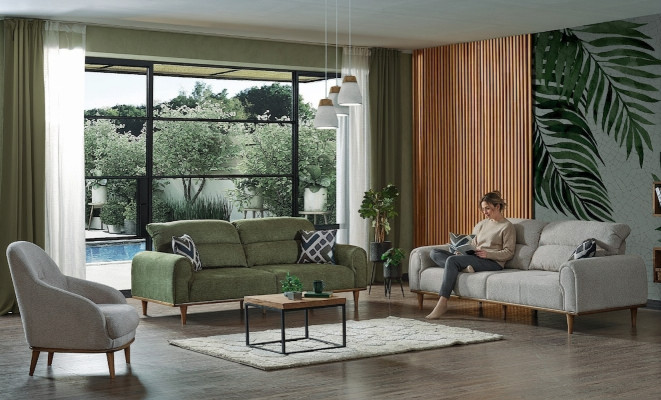 Sofagarnitur 3+1+1 Sitzer Wohnzimmer Set Komplett Textil Sofa Sessel Holz Neu