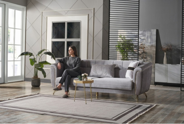 Sofa 3 Sitzer Textil Holz Modern Sofa Polster Couch Sofas Design Luxus Grau